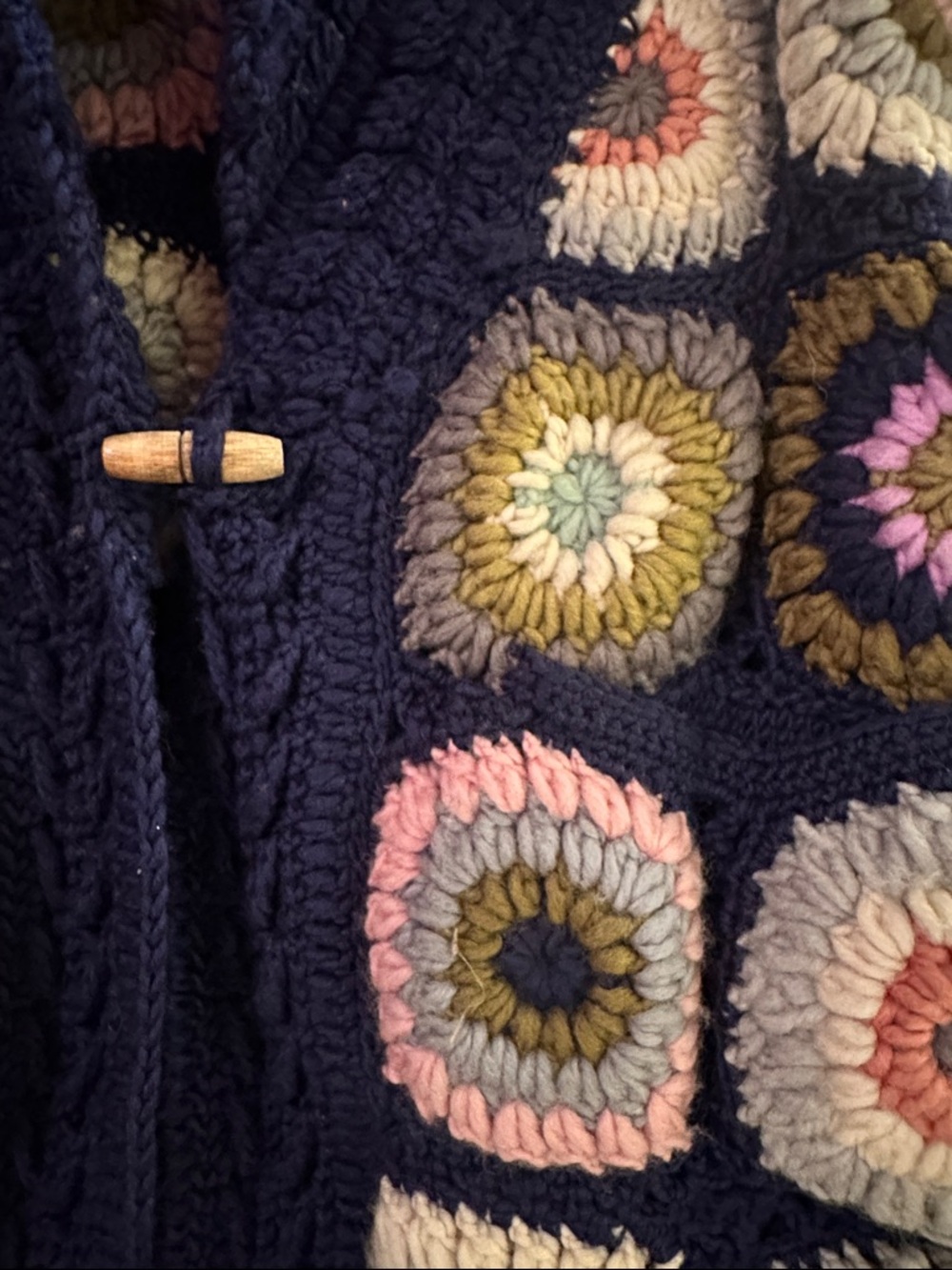 Sundance Navy Crochet Granny-Square Fringe Cardigan with Pink and Olive Accents - Picture 2 of 5